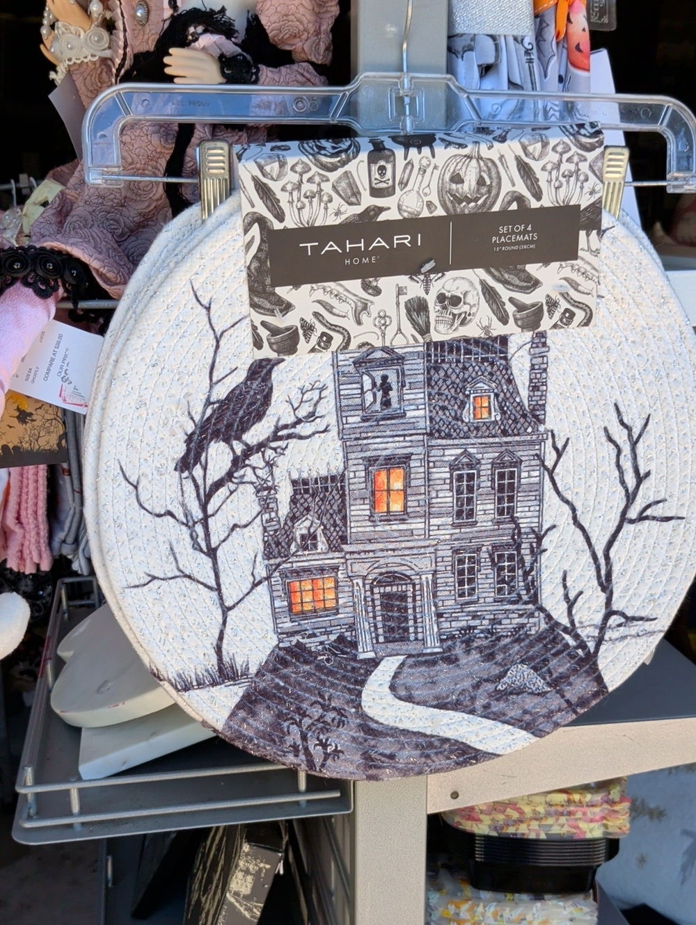 Tahari White & Black Haunted House Round Placemat with Orange Window Accents